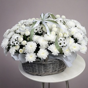 Композиция в корзине "Снежная лавина" из хризантем в Ивантеевке