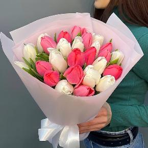 Букет из 25 кораллово-белых тюльпанов в Ивантеевке